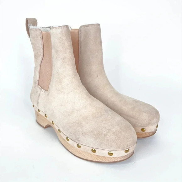 J Crew Clog Boots Leather Suede Faux Fur Lined Bronzed Clay Beige Size 8.5 - Picture 2 of 11